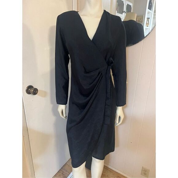 80’s Vintage Billy Jack for Her Black Jaquard Wrap Dress Secretary Size 7/8 - Picture 1 of 8